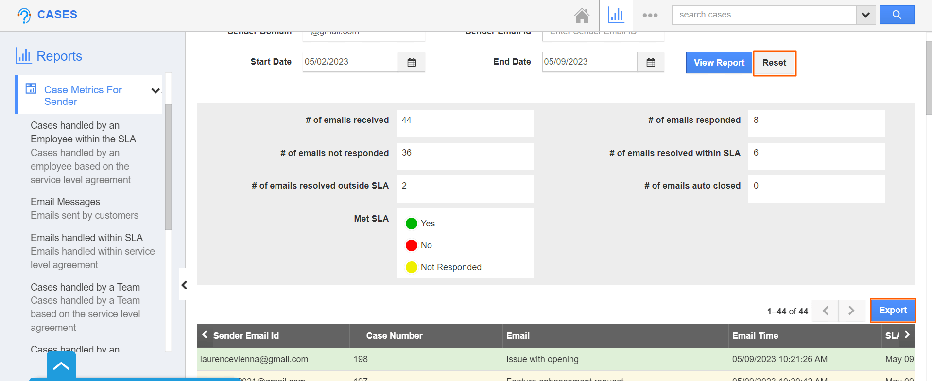 Cases - Email Within SLA Export button